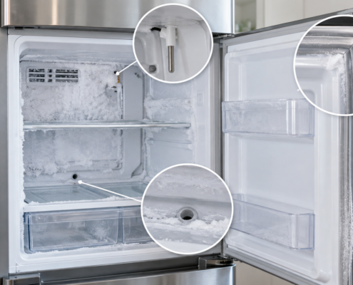 Frigorífico con exceso de hielo y revisión de junta, sensor de temperatura y desagüe